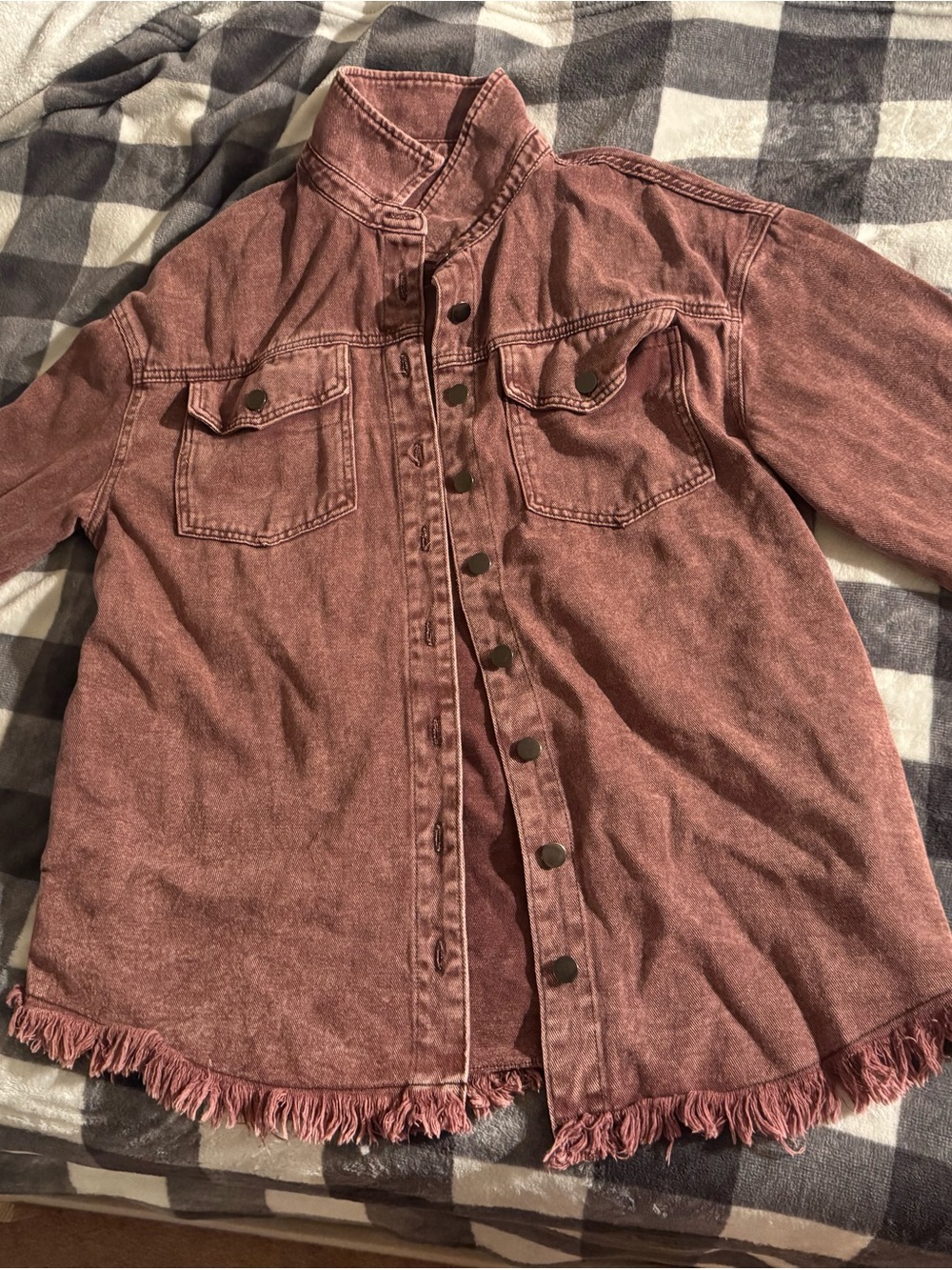Washed Burgundy Fringe Hem Button-Up Jacket